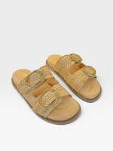 Sandália Birken Beyou Shoes Bangalore cor bistrô em couro e palha trançada com fivelas decoradas