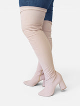 Bota Beyou Shoes Brooklyn over the knee nude em tecido lycra com salto bloco de 9 cm e zíper lateral