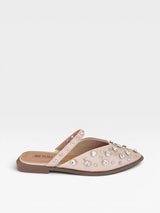 Mule Beyou Shoes Atlanta nude em napa com pedrarias brilhantes e design sem salto elegante