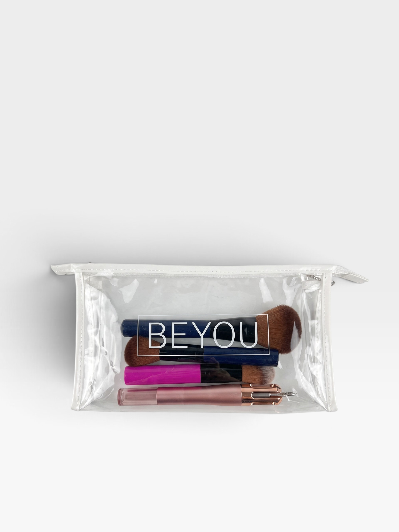 Necessaire Florida Beyou Shoes transparente em vinil com logo branco, ideal para organizar pincéis de maquiagem.
