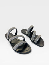 Rasteira Beyou Shoes Cádiz preta em napa com tiras cravejadas de brilhos, design elegante e confortável.