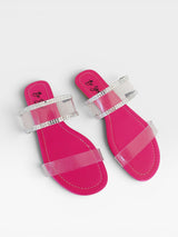 Rasteira Genebra Beyou Shoes rosa em napa e vinil com tiras transparentes e detalhes em brilho