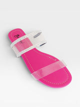 Rasteira Beyou Shoes Genebra rosa em napa e vinil com tiras transparentes e detalhes em brilho
