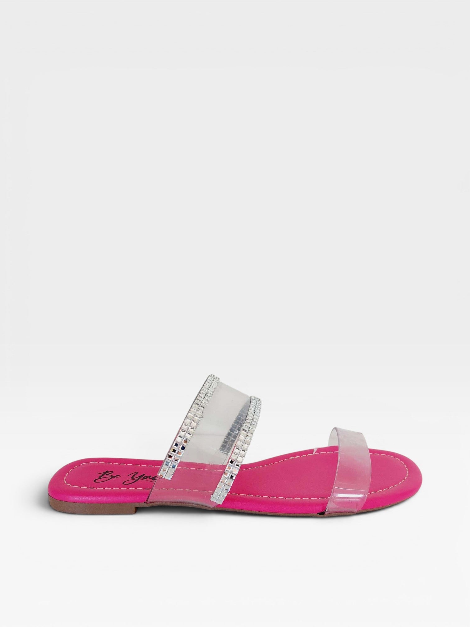 Rasteira Genebra Beyou Shoes rosa em napa e vinil com tiras transparentes e detalhes em brilho