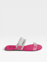 Rasteira Genebra Beyou Shoes rosa em napa e vinil com tiras transparentes e detalhes em brilho