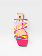 Rasteira Olinda Beyou Shoes em napa rosa e vinil com tiras multicoloridas e design moderno e confortável