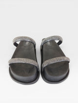 Sandália Birken Athenas Beyou Shoes preta com tiras brilhantes grafite e sola alta plataforma