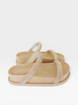 Sandália Birken Athenas Beyou Shoes caramelo com tiras brilhantes em rosê gold e sola plataforma