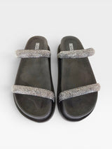 Sandália Birken Athenas Beyou Shoes preta com tiras de brilho grafite e sola plataforma alta