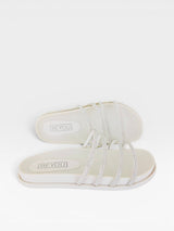Sandália Birken Creta Beyou Shoes off white com tiras finas decoradas em brilhos cristal e palmilha anatômica