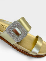 Sandália Birken Beyou Shoes Búzios ouro light com fivela quadrada cravejada de cristais brilhantes