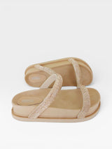 Sandália Birken Athenas Beyou Shoes com sola plataforma caramelo e tiras duplas cravejadas de brilhos rosê gold