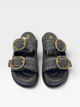 Sandália Birken Bangalore preta Beyou Shoes em couro e palha com fivelas douradas decorativas