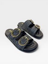 Sandália Birken Bangalore preta Beyou Shoes em couro e palha com fivelas douradas decoradas