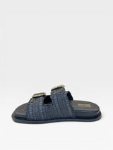 Sandália Birken Bangalore Beyou Shoes preta em couro e palha com fivelas douradas e solado baixo