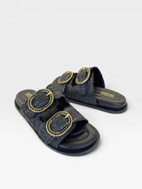 Sandália Birken Bangalore preta Beyou Shoes com tiras em palha, fivelas douradas decoradas e palmilha anatômica.