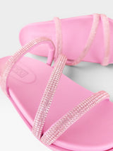 Sandália Birken Dubai Beyou Shoes rosa com tiras finas decoradas com brilhos strass e palmilha anatômica