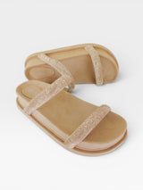 Sandália Birken Athenas Beyou Shoes com tiras brilhantes rosê gold e sola plataforma caramelo