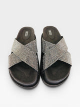 Sandália Birken Sparta Beyou Shoes preta com tiras cruzadas brilhantes em grafite e sola alta plataforma