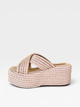 Sandália flatform Beyou Shoes Amalfi nude em corda trançada com solado plataforma de 7 cm
