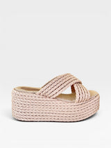 Sandália flatform Beyou Shoes Amalfi nude com tiras trançadas e solado alto de corda