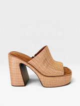 Sandália Flatform Kyoto Beyou Shoes em material sintético tramado bege e marrom com salto alto escultural