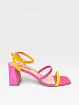 Sandália Beyou Shoes de salto bloco 7cm em napa rosa com tiras finas nas cores limão e laranja e fechamento no tornozelo