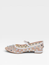 Sapatilha Beyou Shoes Doha na cor bistrô, feita em couro e telinha com aplicação de brilhos e tira no peito do pé.