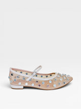 Sapatilha Beyou Shoes Doha na cor bistrô, feita em couro e telinha com aplicação de brilhos e tira com fivela.