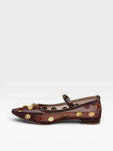 Sapatilha Beyou Shoes Doha marrom em couro e tela com aplicações de pedrarias brilhantes e tira no peito do pé