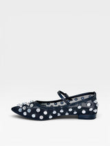 Sapatilha Beyou Shoes Doha preta em tela com apliques de brilho e tira no peito do pé, design moderno e sofisticado.