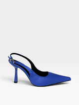 Sapato slingback Beyou Shoes azul em couro com bico fino e salto taça de 10 cm, design elegante e sofisticado.