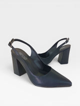 Slingback Beyou Shoes California preto em napa com salto bloco de 9,5 cm e bico fino