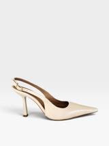 Slingback Beyou Shoes off white em couro com bico fino e salto taça de 10 cm