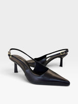 Slingback Beyou Shoes Évora em couro preto com bico fino e salto de 6 cm, design elegante e sofisticado.