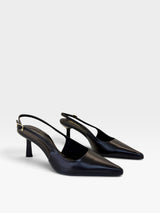 Slingback Beyou Shoes Évora em couro preto com bico fino e salto de 6 cm, design elegante e sofisticado.