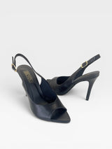 Sapato slingback Beyou Shoes preto em couro com bico folha e salto alto de 9,5 cm, design elegante e sofisticado.