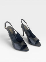 Sapato slingback Beyou Shoes preto em couro com bico folha e salto alto de 9,5 cm, design elegante e atemporal.