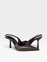 Slingback Milano Beyou Shoes em couro marrom com bico fino e salto taça de 10 cm, design elegante e sofisticado.