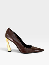 Slingback Monaco Beyou Shoes em couro marrom com bico fino e salto taça dourado de 10 cm