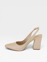 Slingback Beyou Shoes nude em napa com salto bloco de 9,5 cm e bico fino, design elegante e sofisticado.