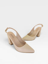 Slingback Beyou Shoes California nude em napa com salto bloco de 9,5 cm e bico fino elegante