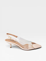 Slingback Beyou Shoes Veneza nude em napa com detalhes em vinil transparente e salto de 6 cm