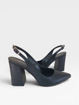 Sapato slingback Beyou Shoes preto em napa com salto bloco de 9,5 cm e bico fino, design elegante e moderno.
