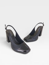 Sapato slingback Beyou Shoes preto em napa com biqueira envernizada e salto bloco de 9,5 cm