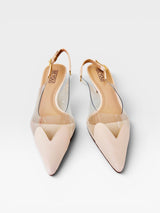 Slingback Beyou Shoes Veneza nude em napa com detalhes em vinil transparente e salto de 6 cm