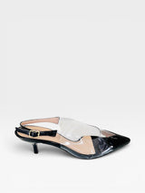 Slingback Beyou Shoes Veneza preto em verniz com detalhes em vinil transparente e salto fino de 6 cm