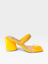Tamanco Beyou Shoes Florence laranja em napa e vinil com tira de brilho e salto bloco de 8,5 cm