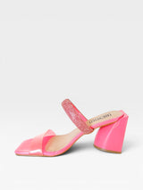Tamanco Florence Beyou Shoes rosa em napa e vinil com tira de strass e salto bloco de 8,5 cm