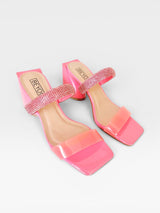 Tamanco Florence Beyou Shoes rosa em napa e vinil com tira de brilho e salto bloco de 8,5 cm